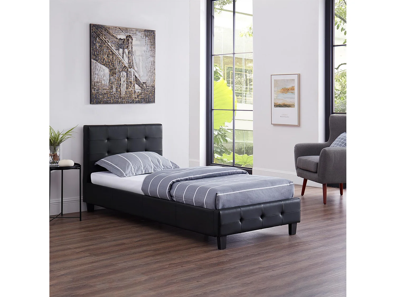 Lit simple pour adulte ou enfant REVE avec sommier 90x190 cm 1 place/1 personne, tête et pied de lit capitonnés, en synthétique noir