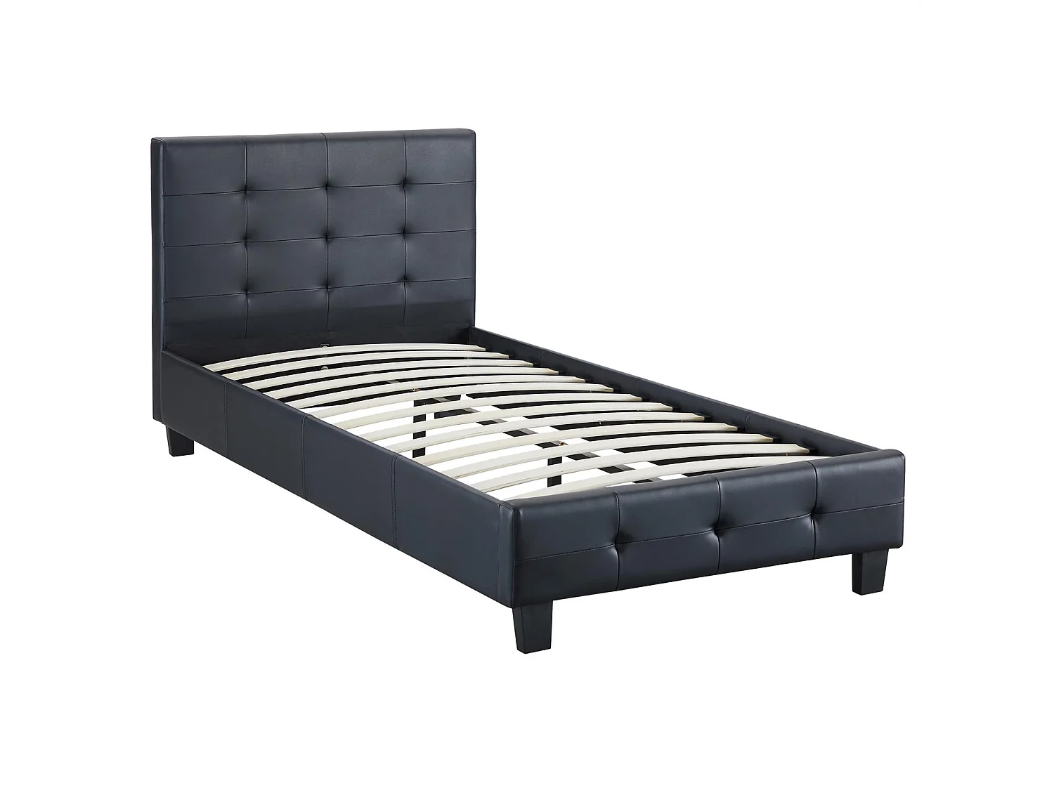 Lit simple pour adulte ou enfant REVE avec sommier 90x190 cm 1 place/1 personne, tête et pied de lit capitonnés, en synthétique noir