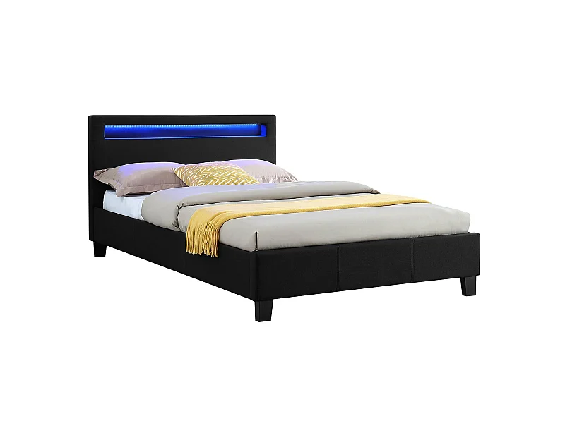 Lit LED simple 120x190 cm avec sommier, tête de lit confortable, lit 1 place revêtement en tissu noir, MARISELA