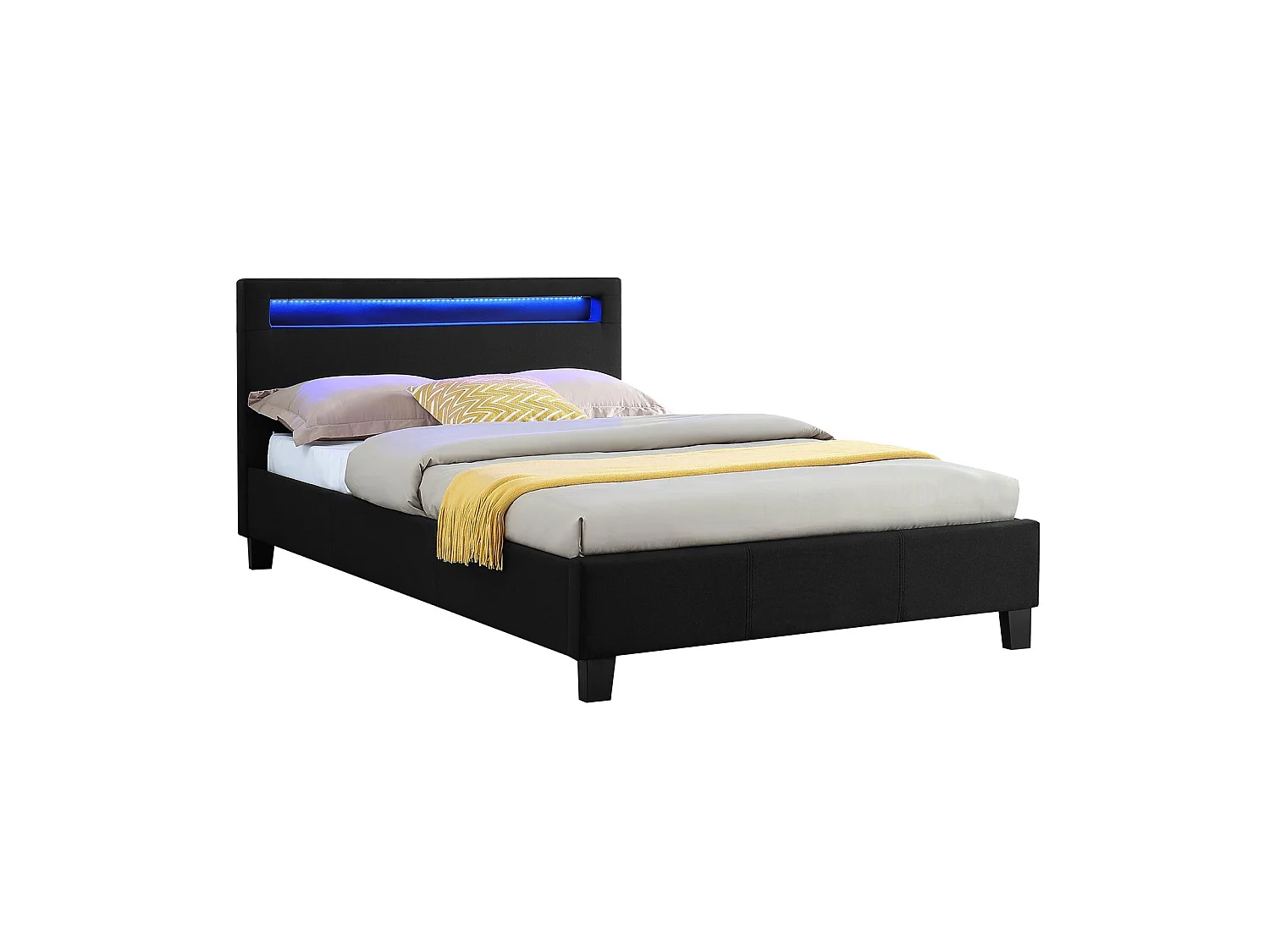 Lit LED simple 120x190 cm avec sommier, tête de lit confortable, lit 1 place revêtement en tissu noir, MARISELA