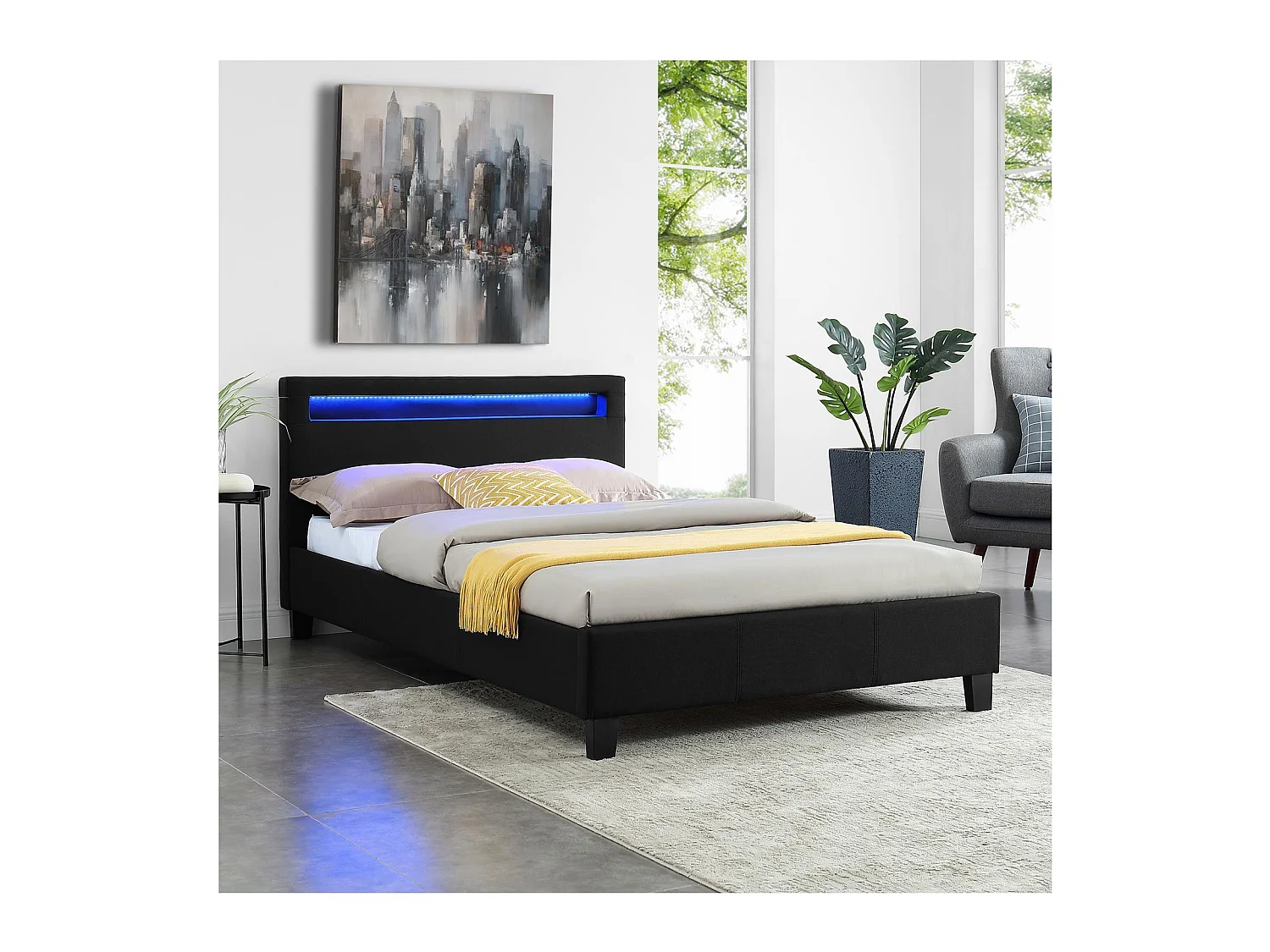 Lit LED simple 120x190 cm avec sommier, tête de lit confortable, lit 1 place revêtement en tissu noir, MARISELA