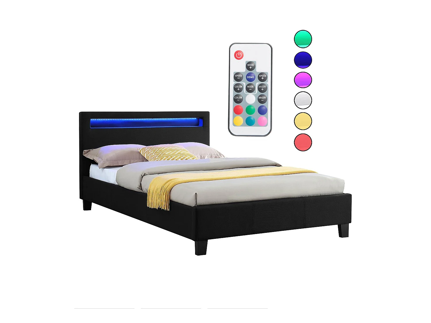Lit LED simple 120x190 cm avec sommier, tête de lit confortable, lit 1 place revêtement en tissu noir, MARISELA