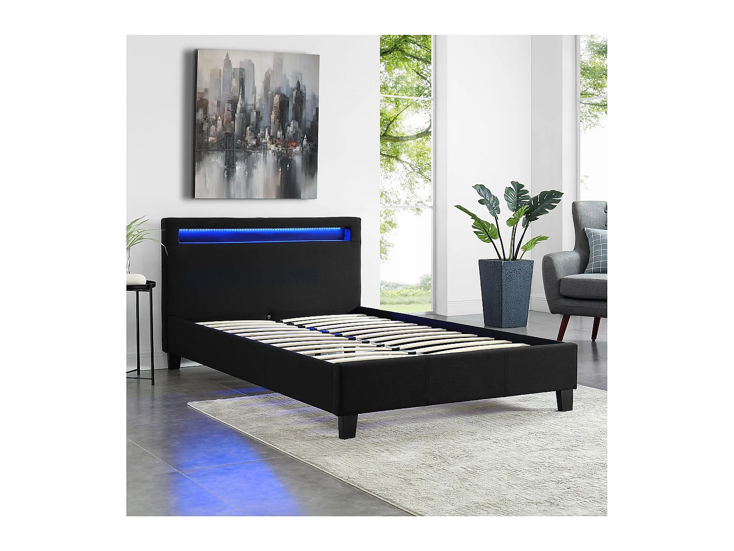 Lit LED simple 120x190 cm avec sommier, tête de lit confortable, lit 1 place revêtement en tissu noir, MARISELA