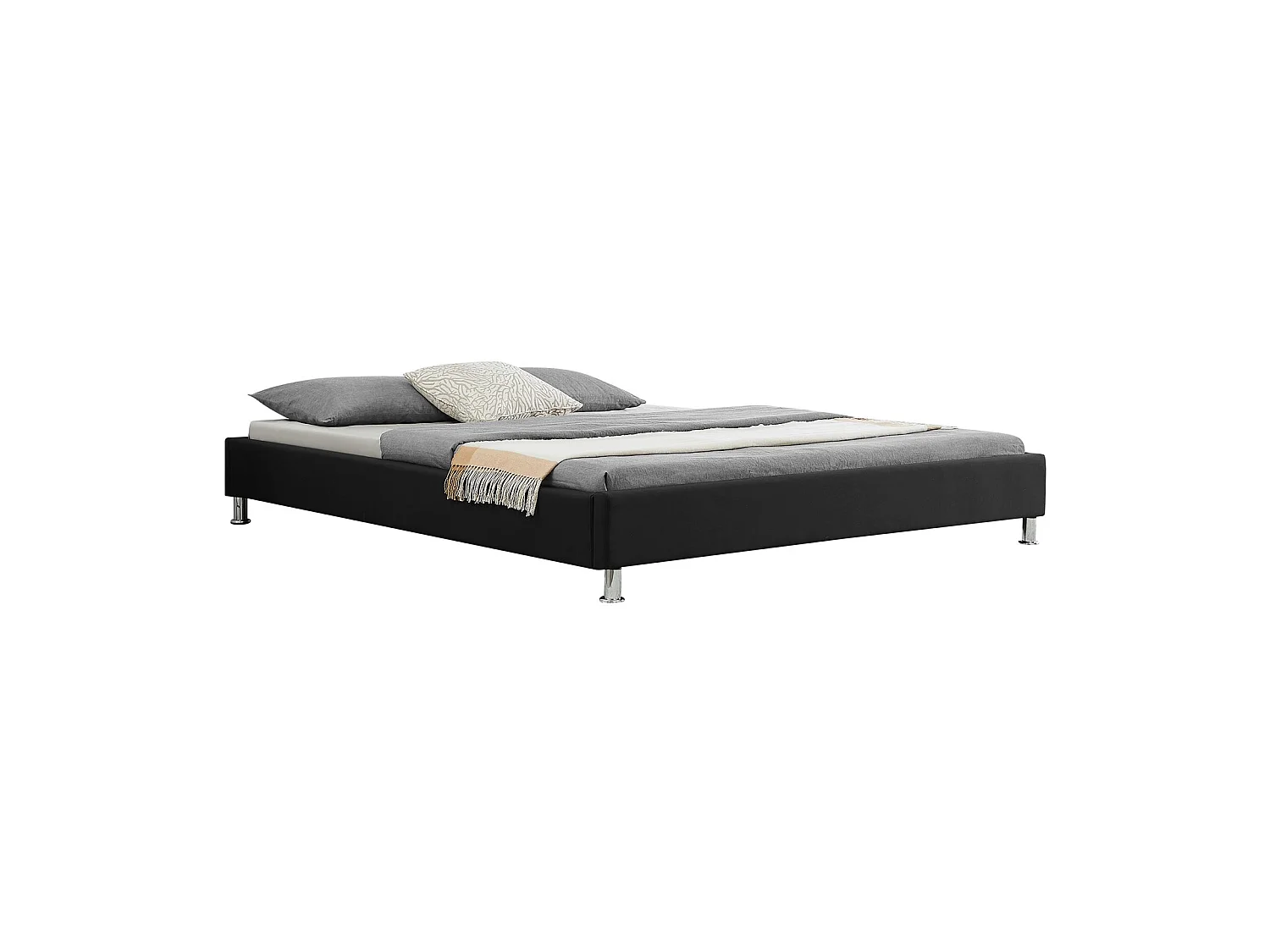 Lit futon double pour adulte NIZZA king size 180x200 cm 2 places / 2 personnes, avec sommier et pieds métal chromé, tissu noir