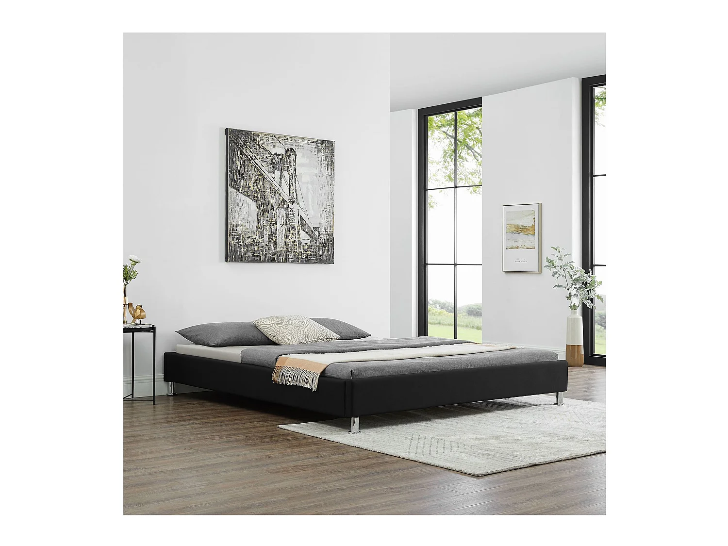 Lit futon double pour adulte NIZZA king size 180x200 cm 2 places / 2 personnes, avec sommier et pieds métal chromé, tissu noir