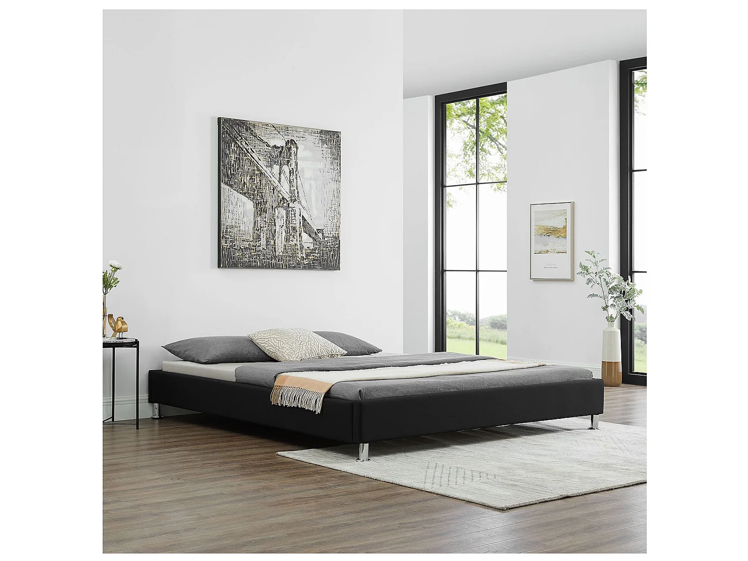 Lit futon double pour adulte NIZZA king size 180x200 cm 2 places / 2 personnes, avec sommier et pieds métal chromé, tissu noir