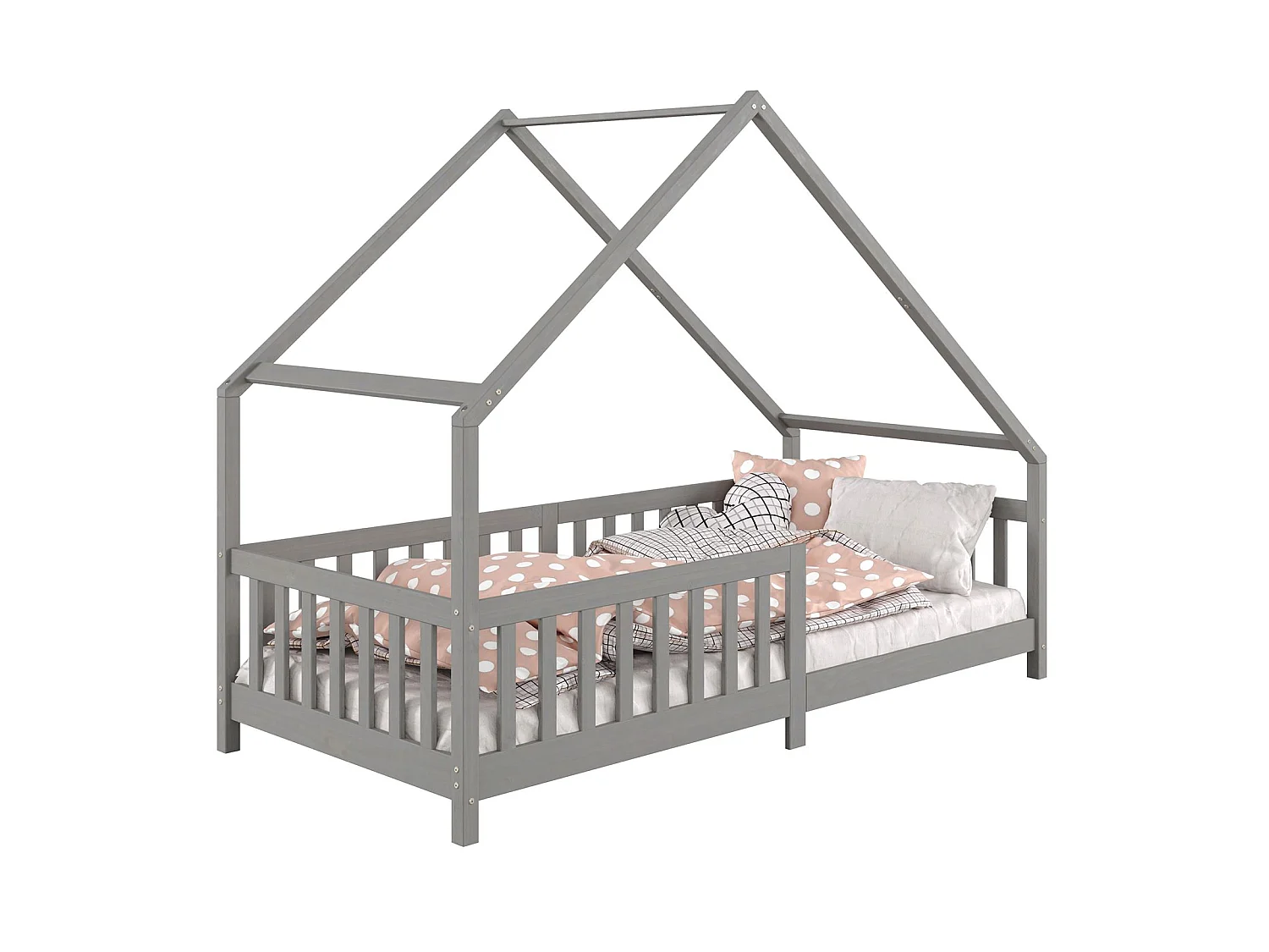 Lit cabane CORA lit enfant simple montessori asymétrique en bois 90 x 200 cm en pin massif lasuré gris