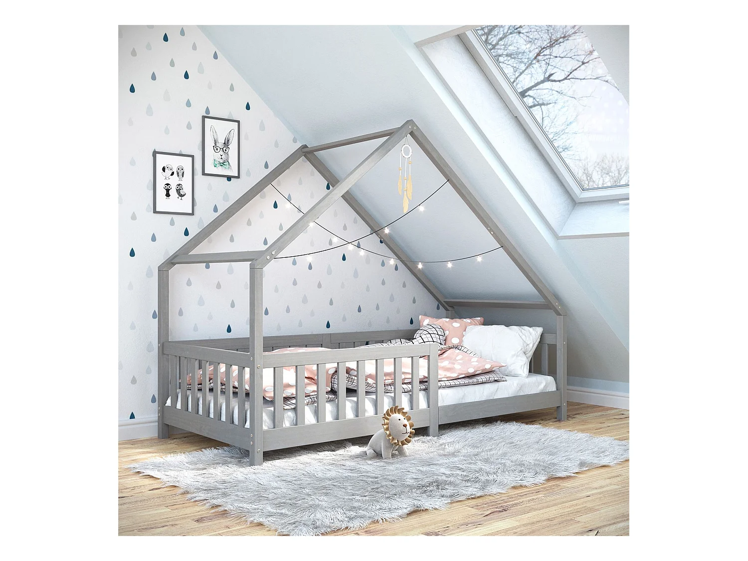 Lit cabane CORA lit enfant simple montessori asymétrique en bois 90 x 200 cm en pin massif lasuré gris