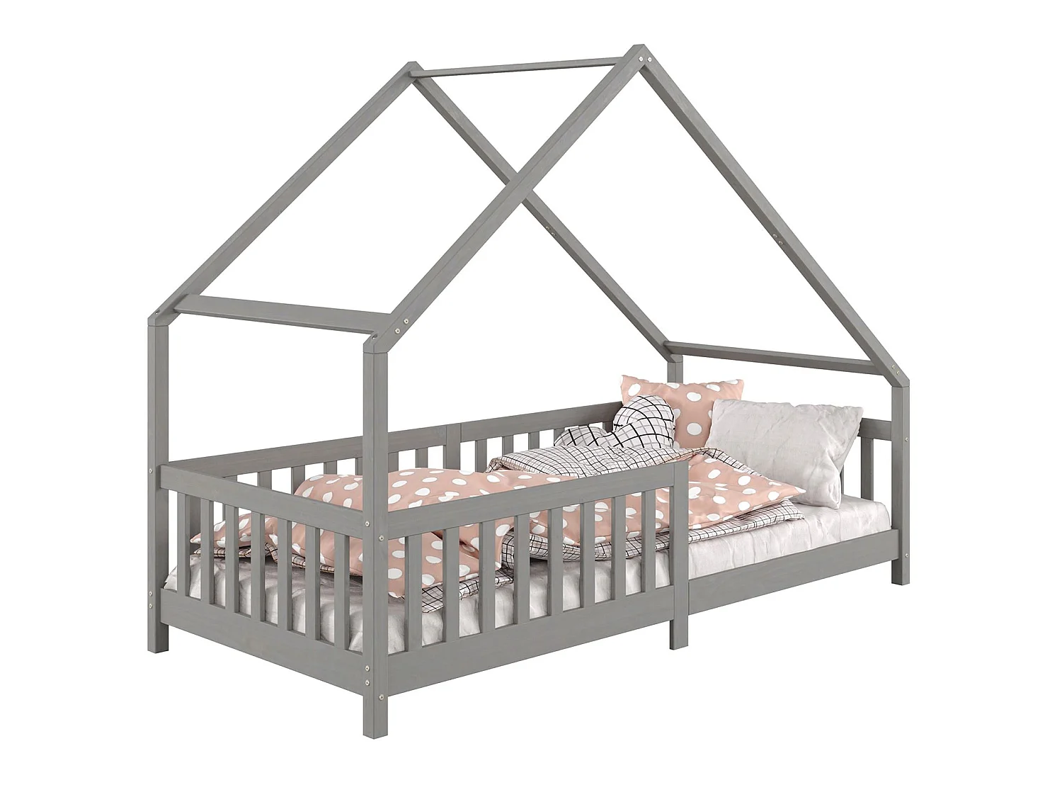 Lit cabane CORA lit enfant simple montessori asymétrique en bois 90 x 200 cm en pin massif lasuré gris