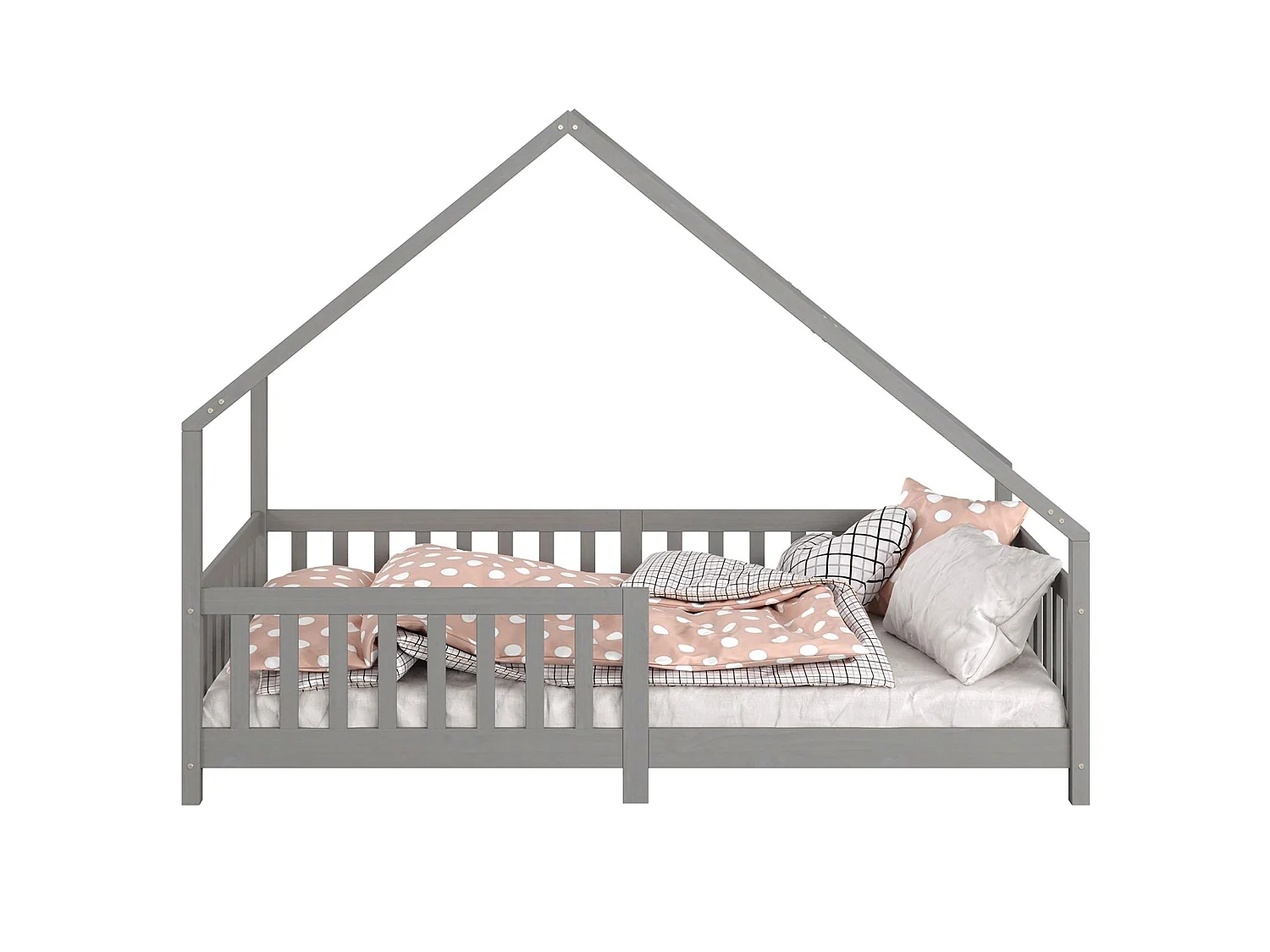 Lit cabane CORA lit enfant simple montessori asymétrique en bois 90 x 200 cm en pin massif lasuré gris