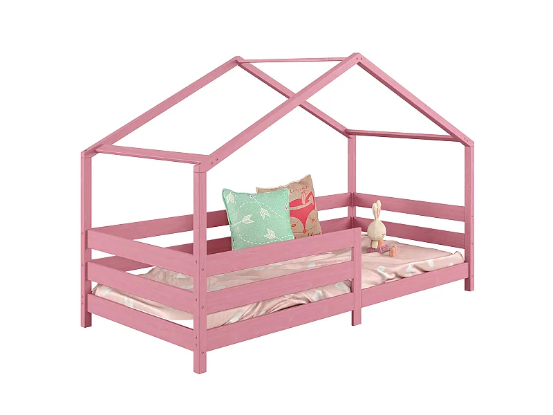 Lit cabane RENA lit simple montessori pour enfant 90 x 200 cm, avec barrières de protection, en pin massif lasuré rose