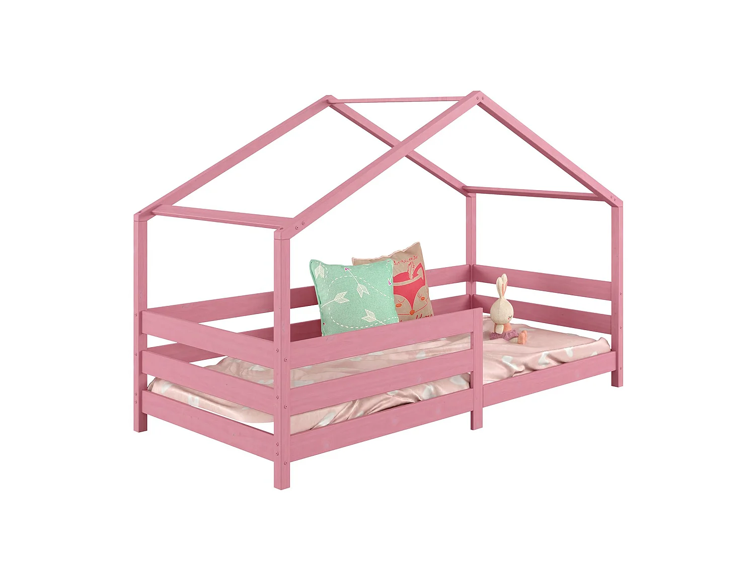 Lit cabane RENA lit simple montessori pour enfant 90 x 200 cm, avec barrières de protection, en pin massif lasuré rose