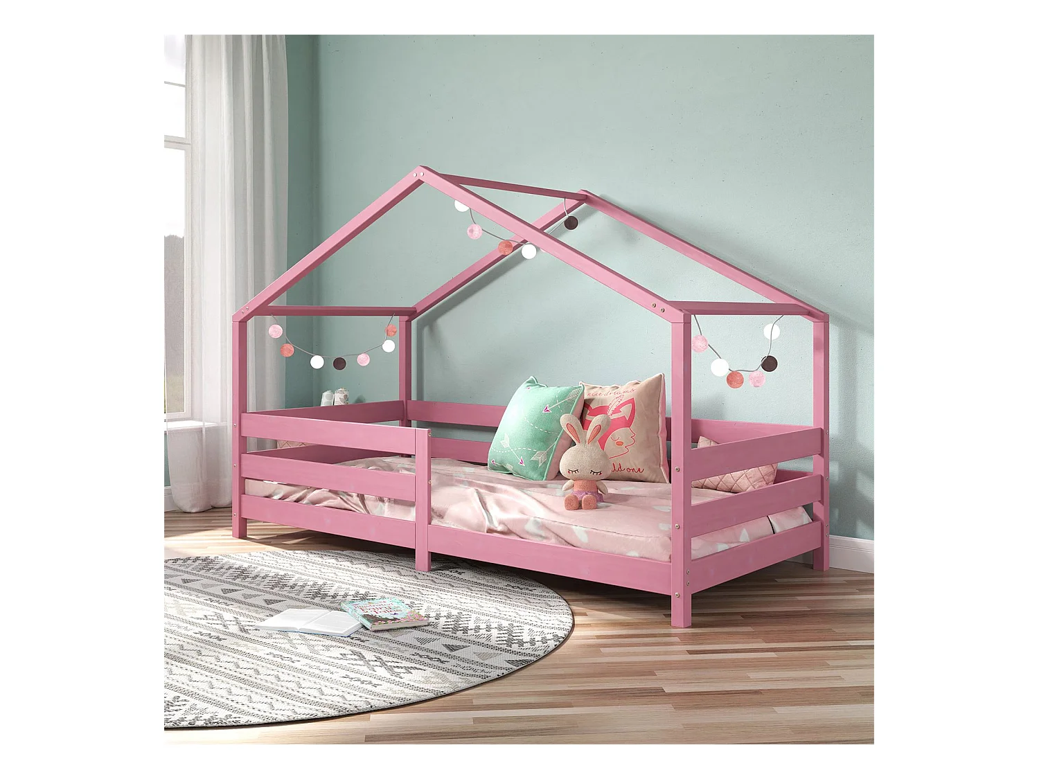 Lit cabane RENA lit simple montessori pour enfant 90 x 200 cm, avec barrières de protection, en pin massif lasuré rose