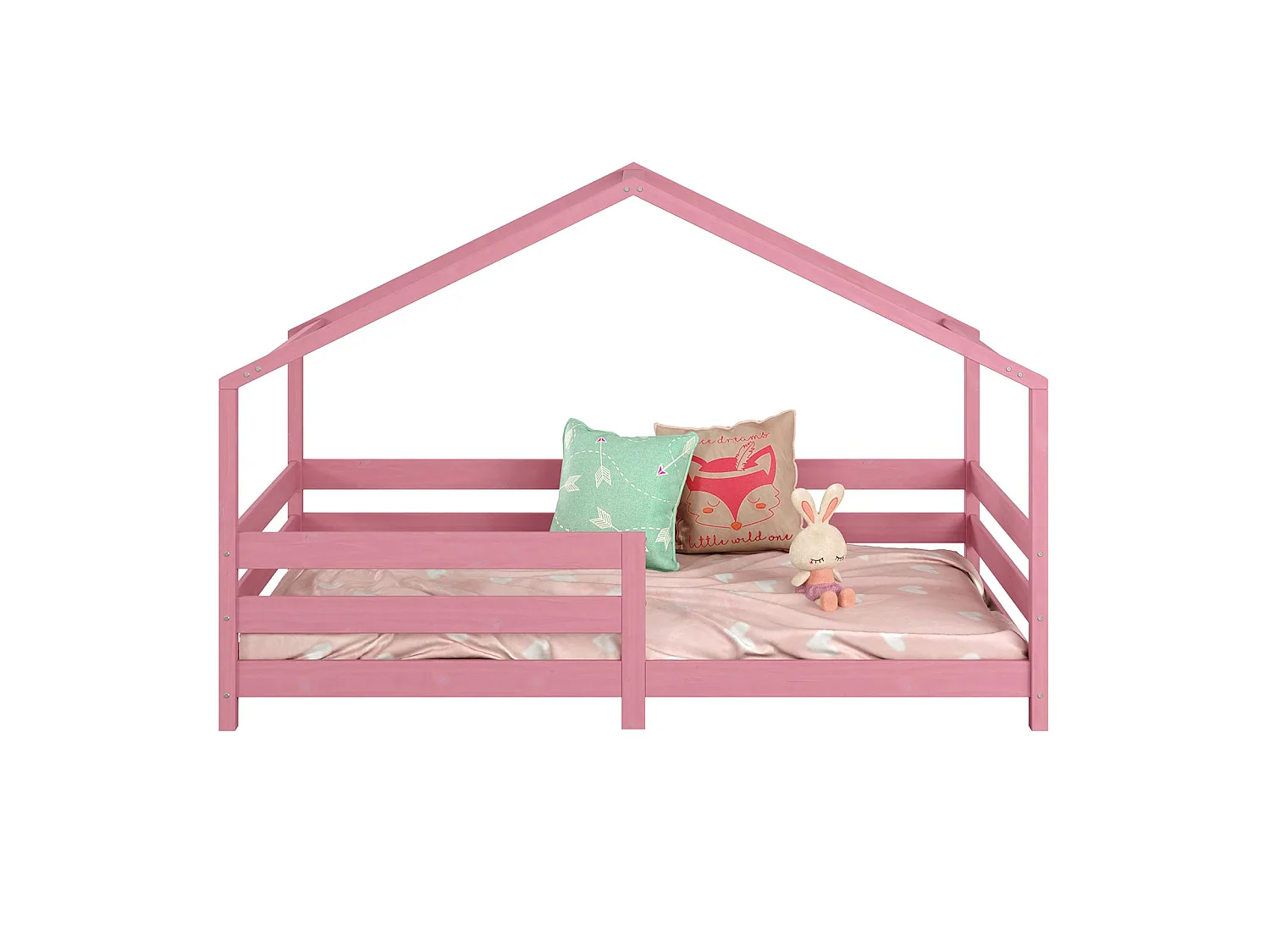 Lit cabane RENA lit simple montessori pour enfant 90 x 200 cm, avec barrières de protection, en pin massif lasuré rose