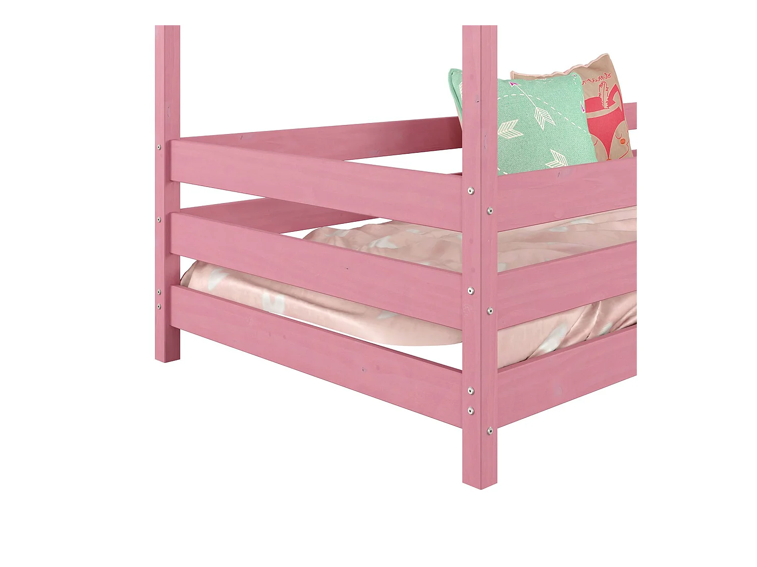 Lit cabane RENA lit simple montessori pour enfant 90 x 200 cm, avec barrières de protection, en pin massif lasuré rose