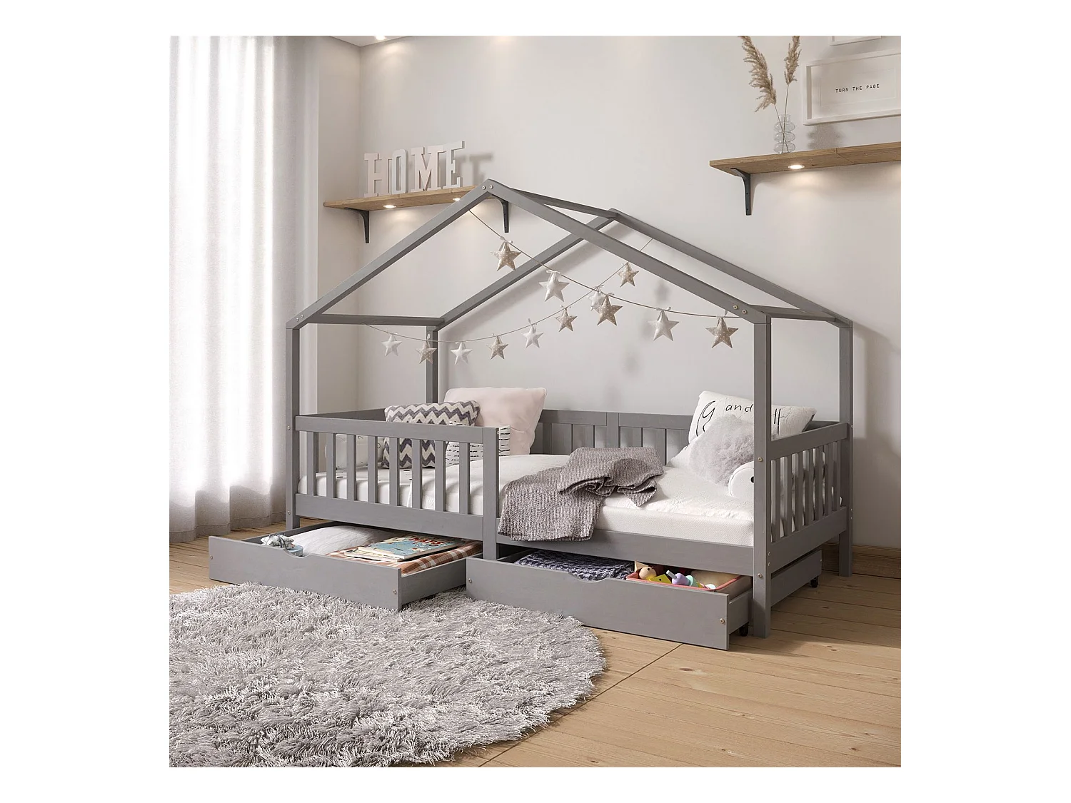 Lit cabane ELEA lit enfant simple montessori 90 x 200 cm, avec 2 tiroirs de rangement, en pin massif lasuré gris