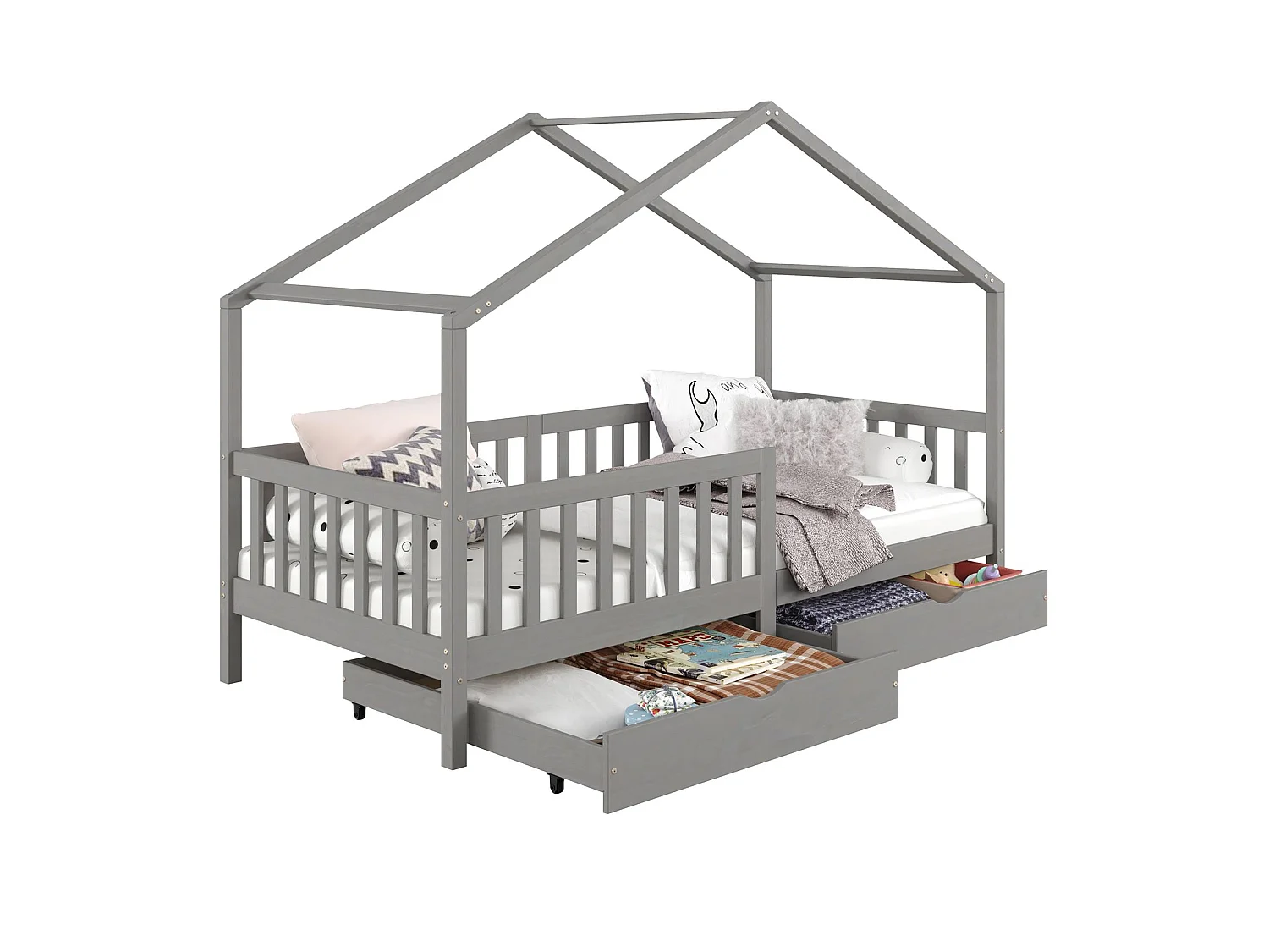 Lit cabane ELEA lit enfant simple montessori 90 x 200 cm, avec 2 tiroirs de rangement, en pin massif lasuré gris