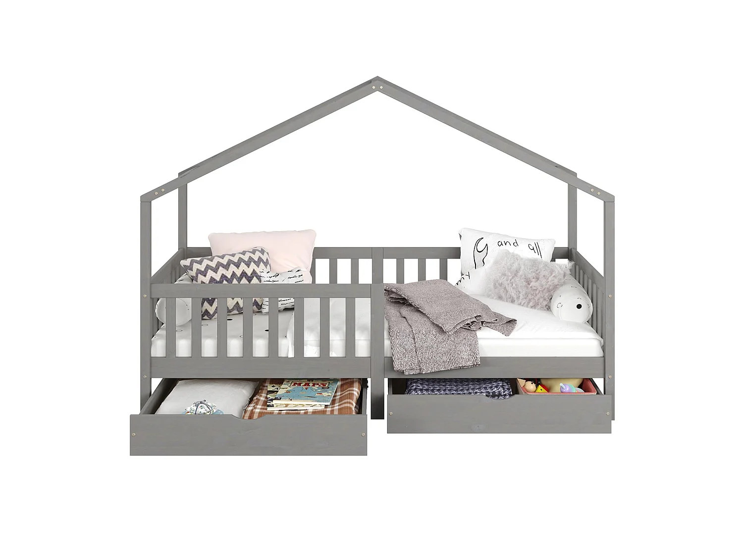 Lit cabane ELEA lit enfant simple montessori 90 x 200 cm, avec 2 tiroirs de rangement, en pin massif lasuré gris