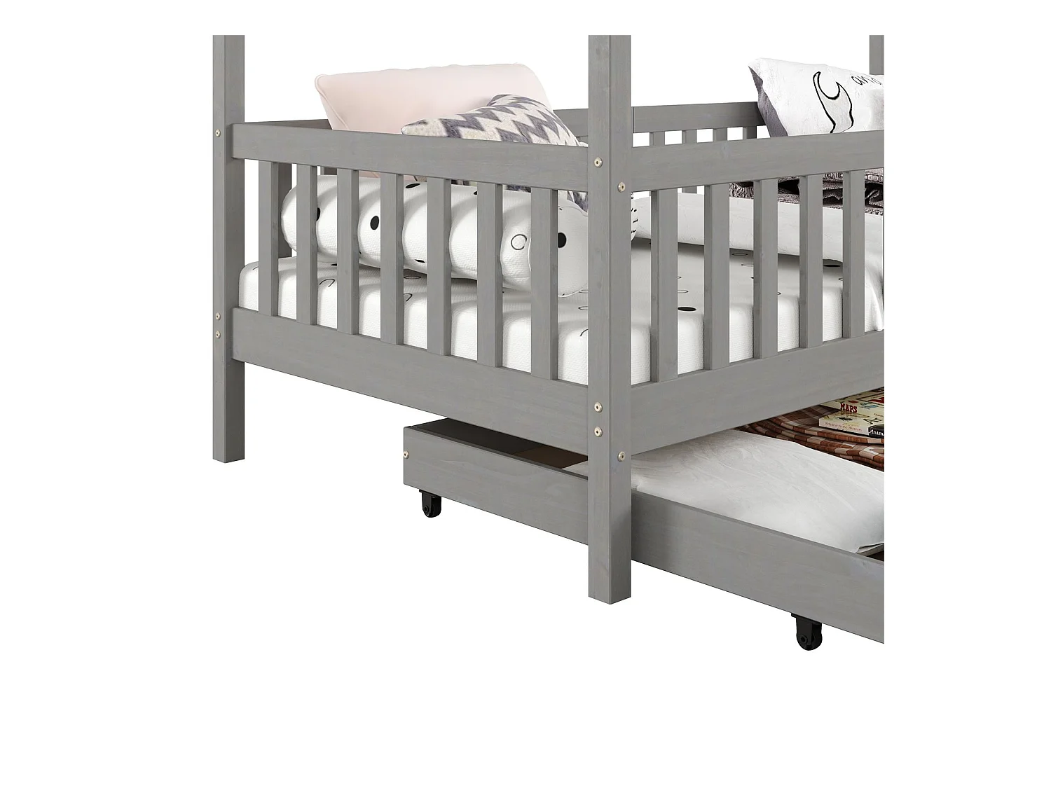 Lit cabane ELEA lit enfant simple montessori 90 x 200 cm, avec 2 tiroirs de rangement, en pin massif lasuré gris