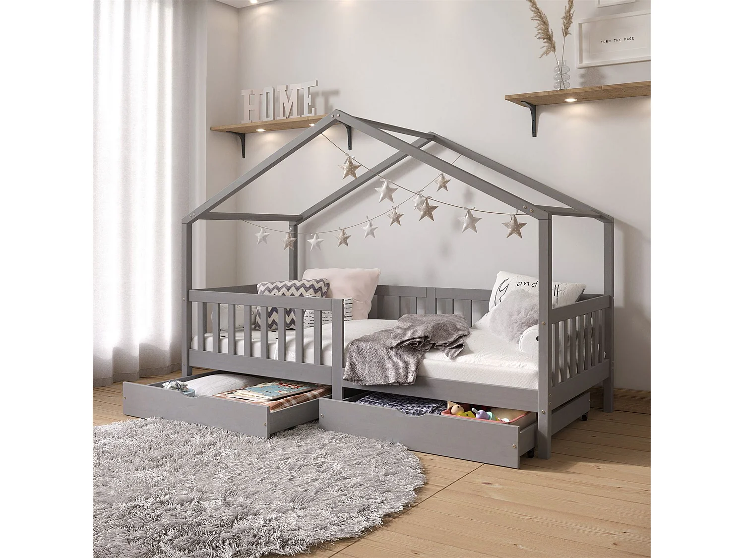 Lit cabane ELEA lit enfant simple montessori 90 x 200 cm, avec 2 tiroirs de rangement, en pin massif lasuré gris