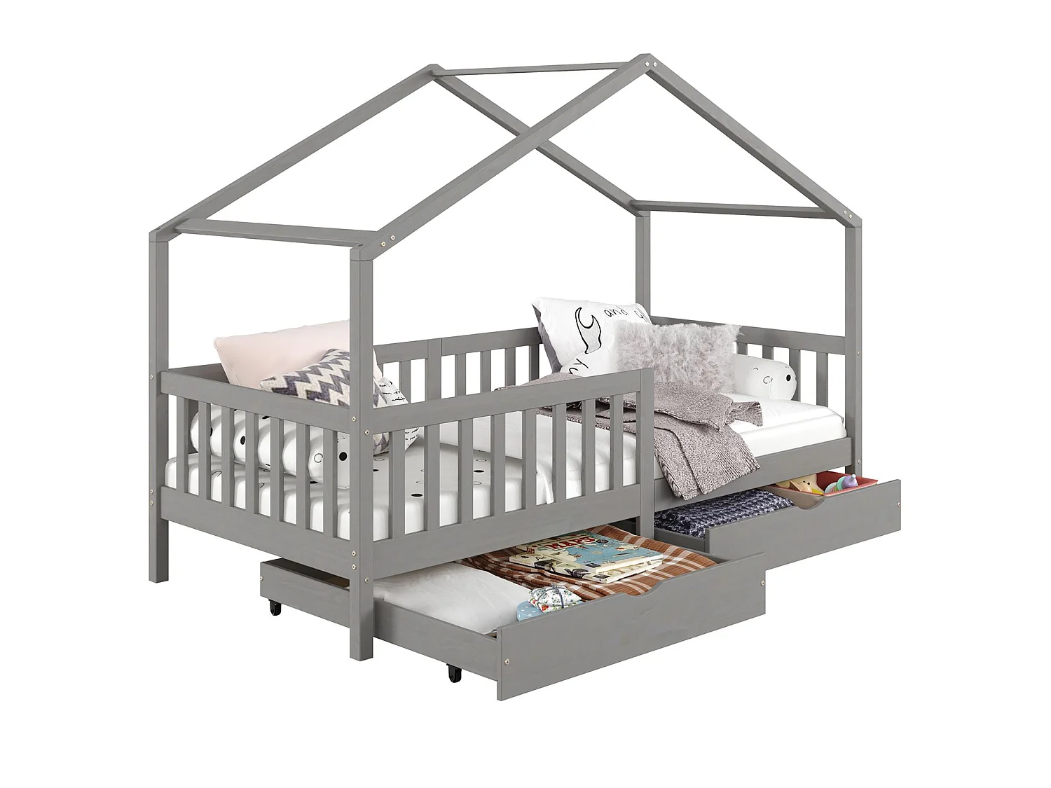 Lit cabane ELEA lit enfant simple montessori 90 x 200 cm, avec 2 tiroirs de rangement, en pin massif lasuré gris