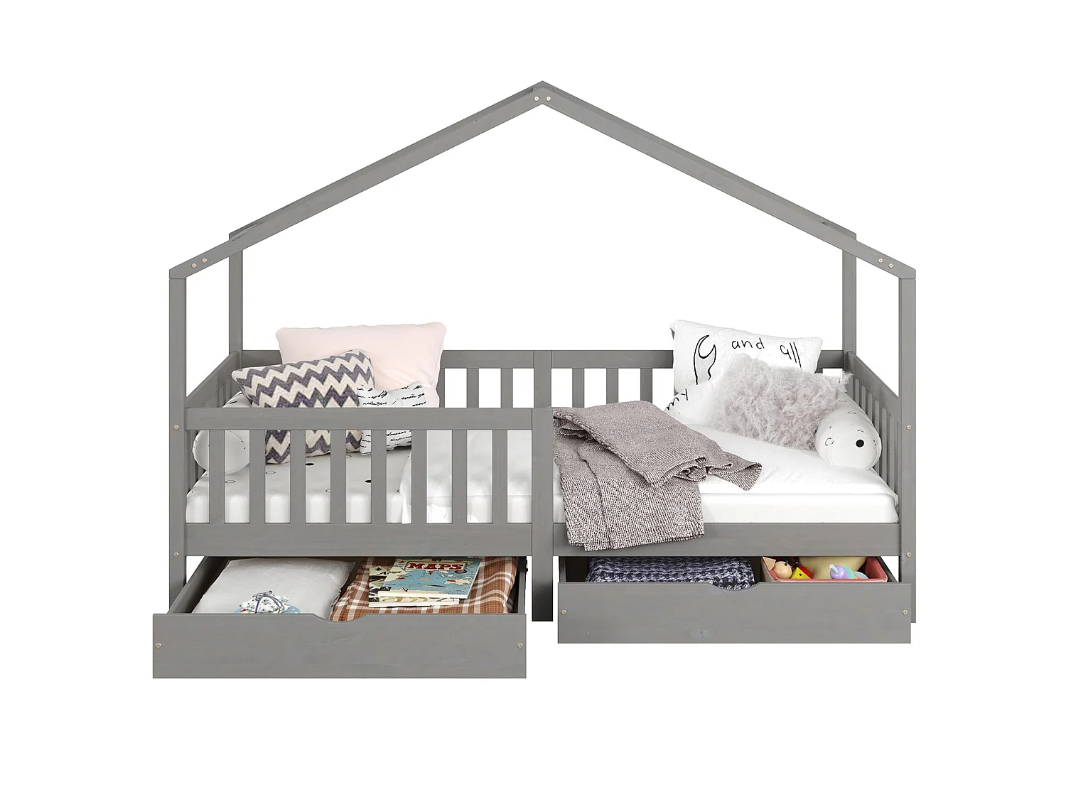 Lit cabane ELEA lit enfant simple montessori 90 x 200 cm, avec 2 tiroirs de rangement, en pin massif lasuré gris