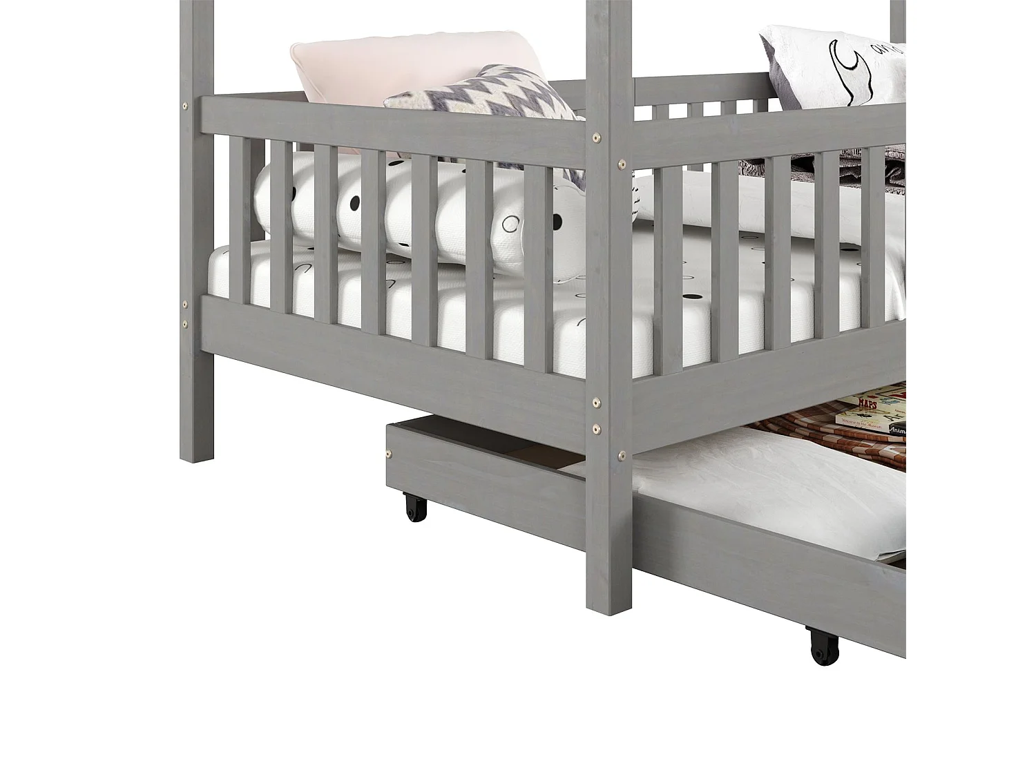 Lit cabane ELEA lit enfant simple montessori 90 x 200 cm, avec 2 tiroirs de rangement, en pin massif lasuré gris