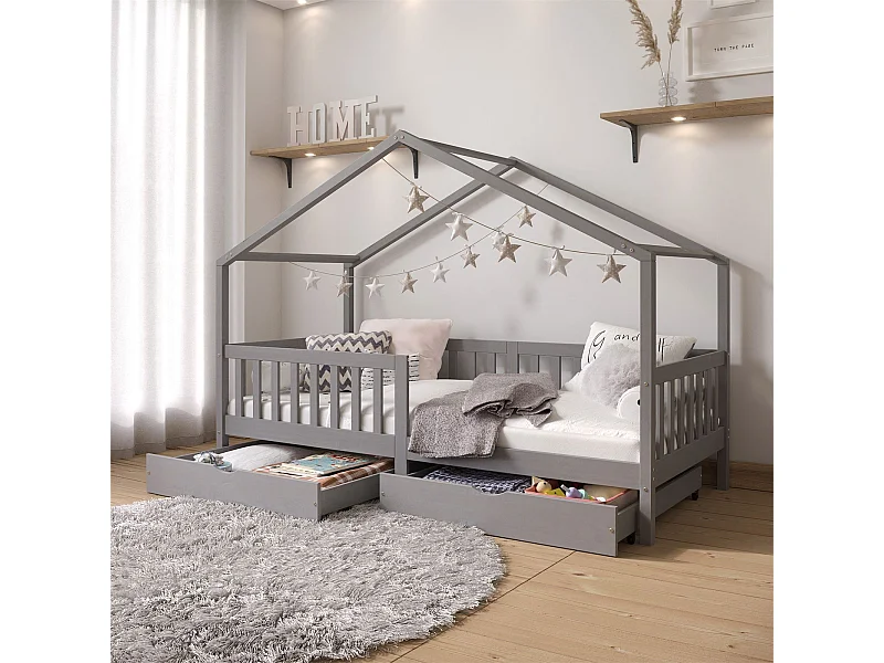 Lit cabane ELEA lit enfant simple montessori 90 x 200 cm, avec 2 tiroirs de rangement, en pin massif lasuré gris