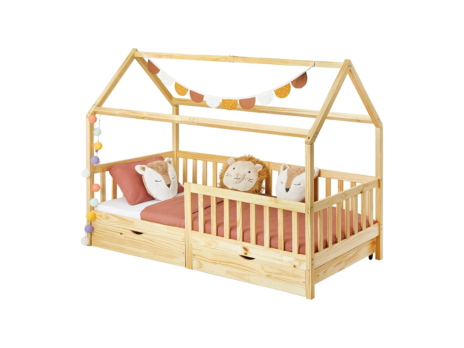 Lit cabane NUNA lit enfant simple montessori en bois 90 x 200 cm, avec rangement 2 tiroirs, en pin massif à la finition naturelle