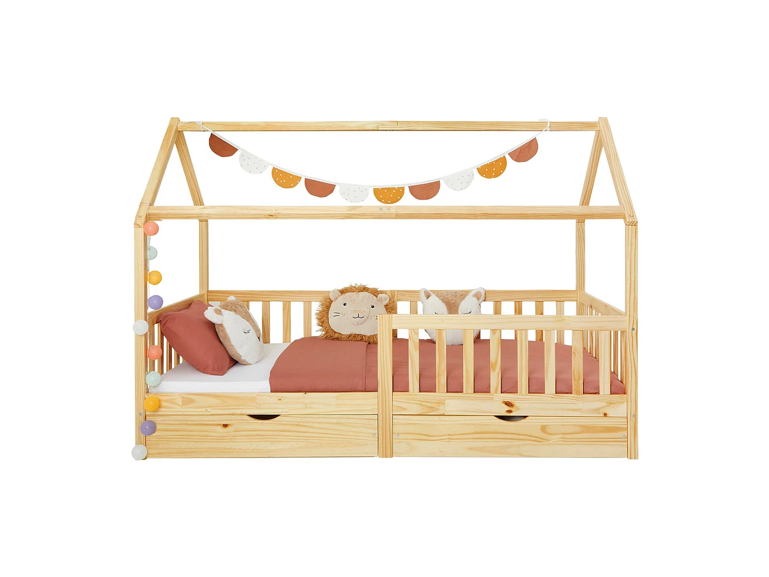 Lit cabane NUNA lit enfant simple montessori en bois 90 x 200 cm, avec rangement 2 tiroirs, en pin massif à la finition naturelle