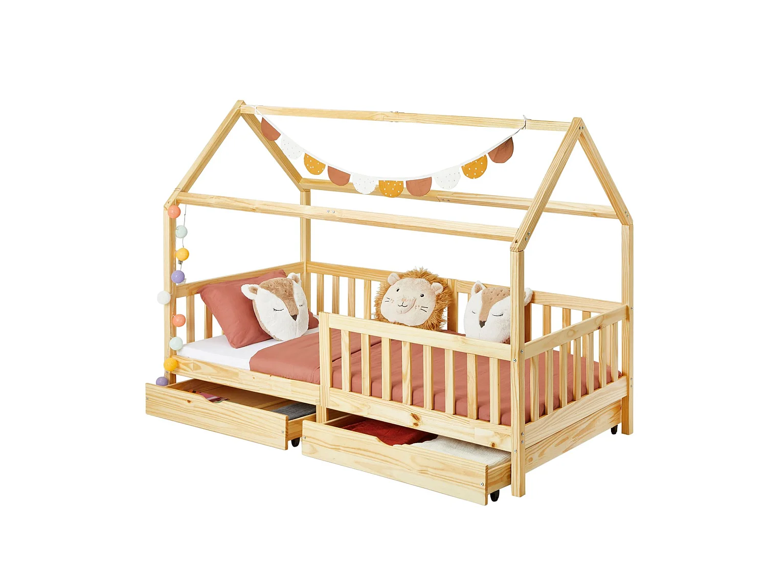 Lit cabane NUNA lit enfant simple montessori en bois 90 x 200 cm, avec rangement 2 tiroirs, en pin massif à la finition naturelle