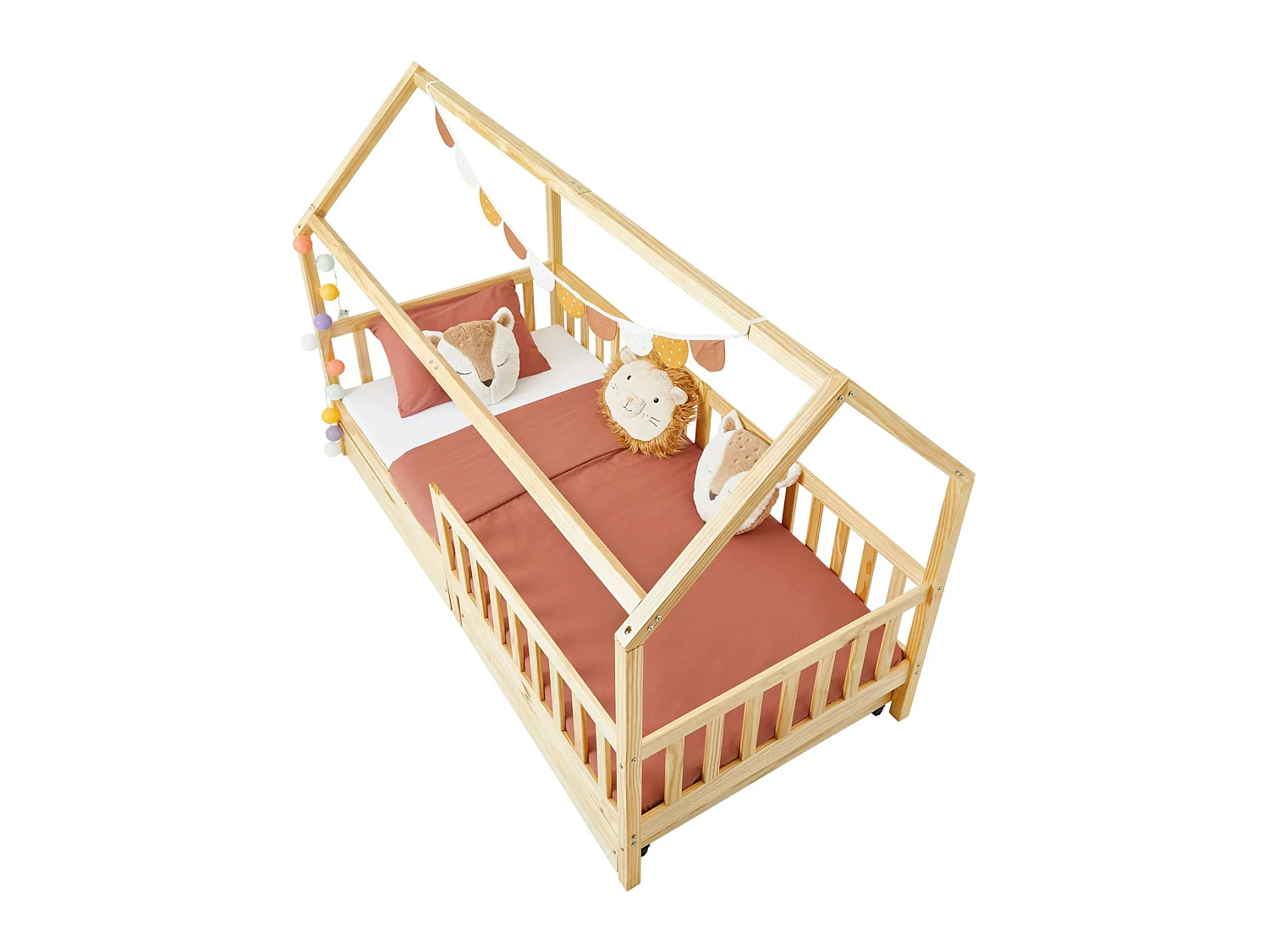 Lit cabane NUNA lit enfant simple montessori en bois 90 x 200 cm, avec rangement 2 tiroirs, en pin massif à la finition naturelle