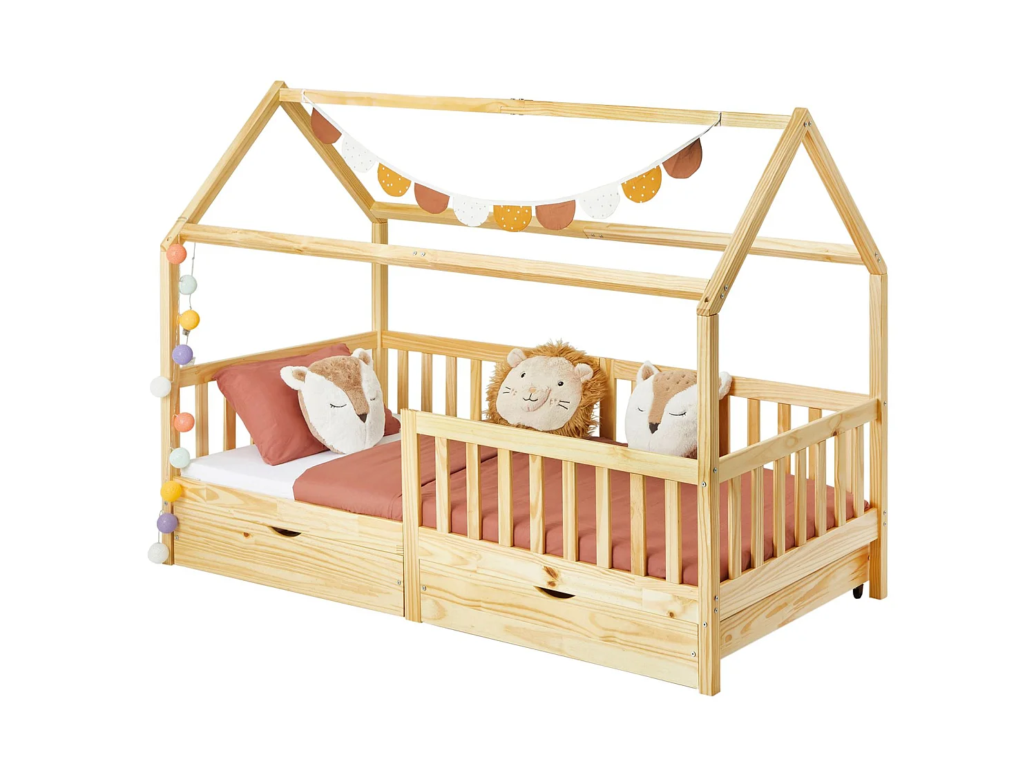 Lit cabane NUNA lit enfant simple montessori en bois 90 x 200 cm, avec rangement 2 tiroirs, en pin massif à la finition naturelle