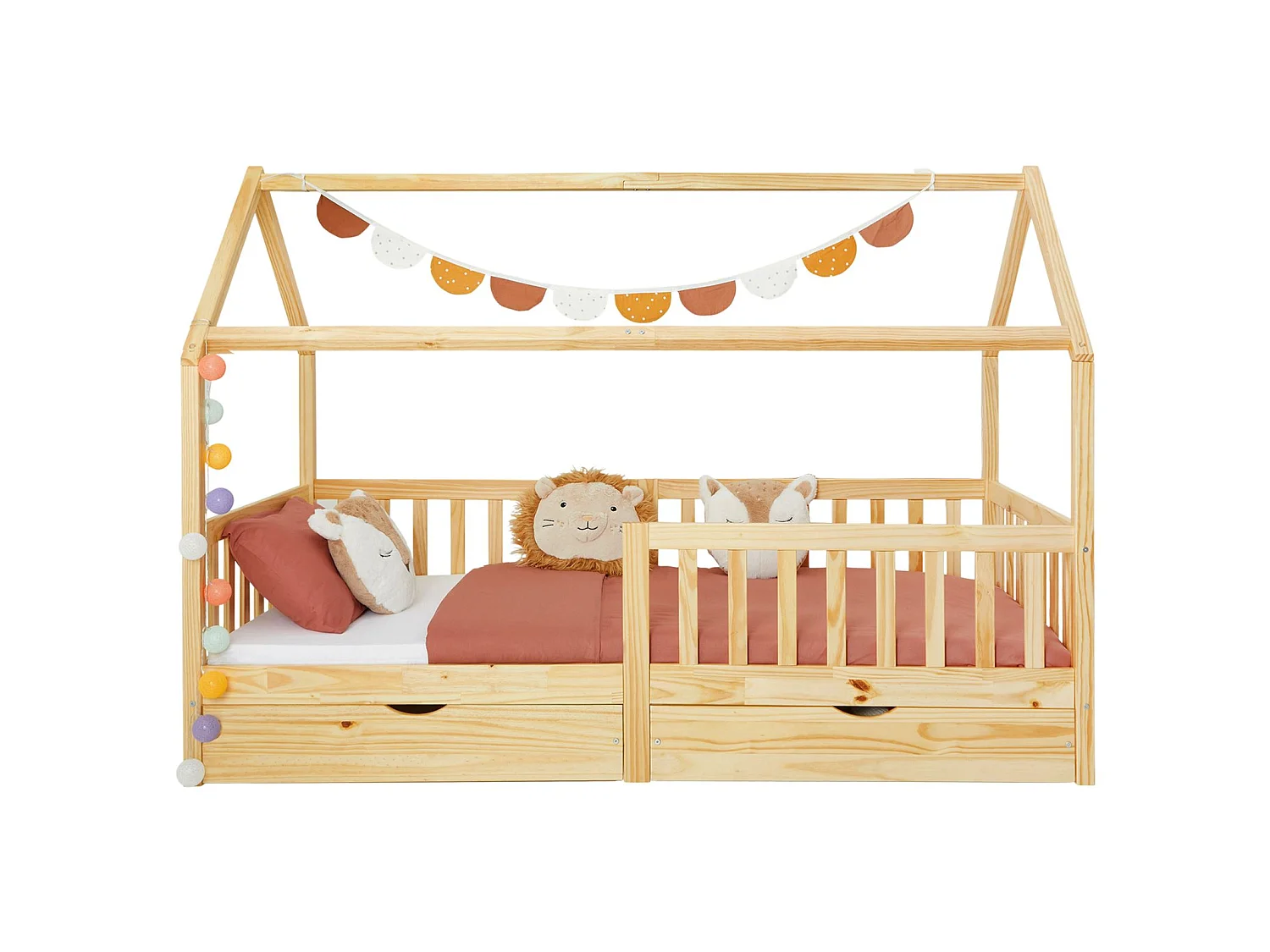 Lit cabane NUNA lit enfant simple montessori en bois 90 x 200 cm, avec rangement 2 tiroirs, en pin massif à la finition naturelle