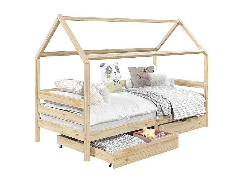 Lit cabane CLIA lit simple pour enfant montessori 90 x 200 cm rangement 2 tiroirs et barrières sur 3 côtés, pin naturel