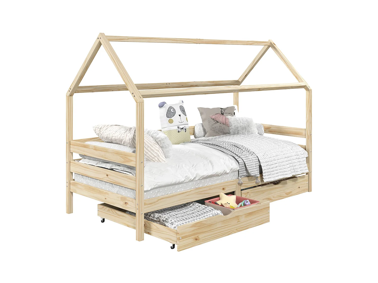 Lit cabane CLIA lit simple pour enfant montessori 90 x 200 cm rangement 2 tiroirs et barrières sur 3 côtés, pin naturel