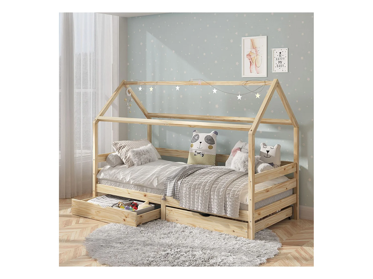 Lit cabane CLIA lit simple pour enfant montessori 90 x 200 cm rangement 2 tiroirs et barrières sur 3 côtés, pin naturel