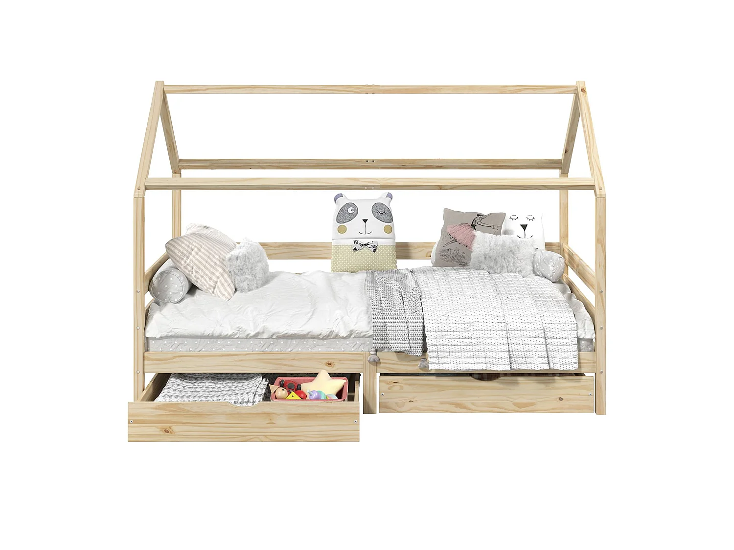 Lit cabane CLIA lit simple pour enfant montessori 90 x 200 cm rangement 2 tiroirs et barrières sur 3 côtés, pin naturel
