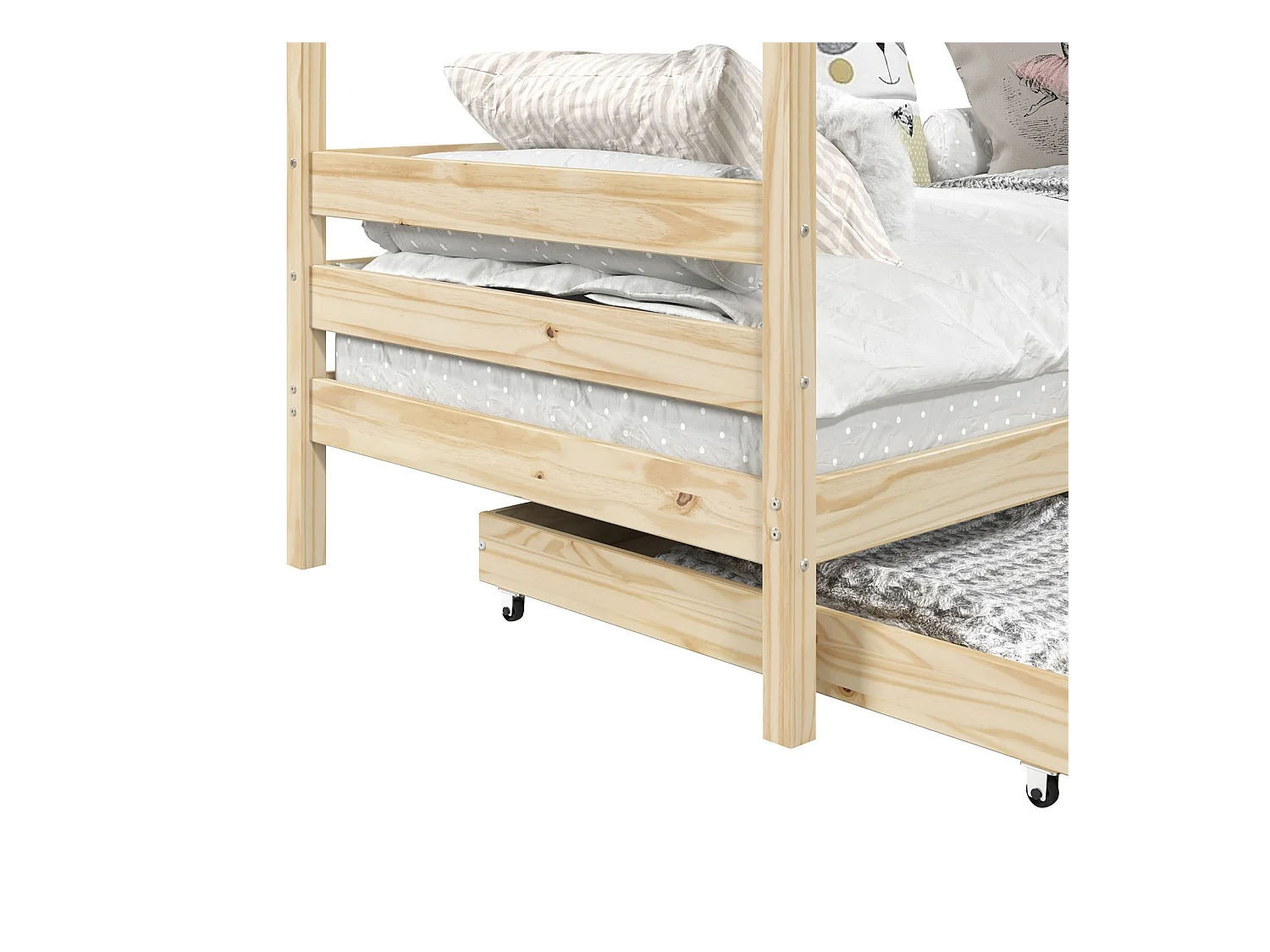 Lit cabane CLIA lit simple pour enfant montessori 90 x 200 cm rangement 2 tiroirs et barrières sur 3 côtés, pin naturel