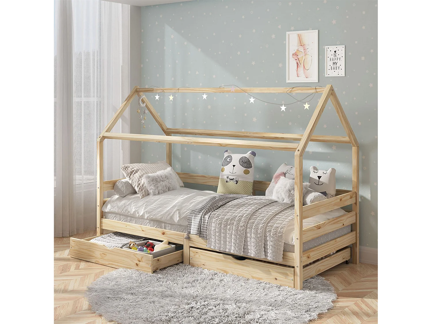 Lit cabane CLIA lit simple pour enfant montessori 90 x 200 cm rangement 2 tiroirs et barrières sur 3 côtés, pin naturel