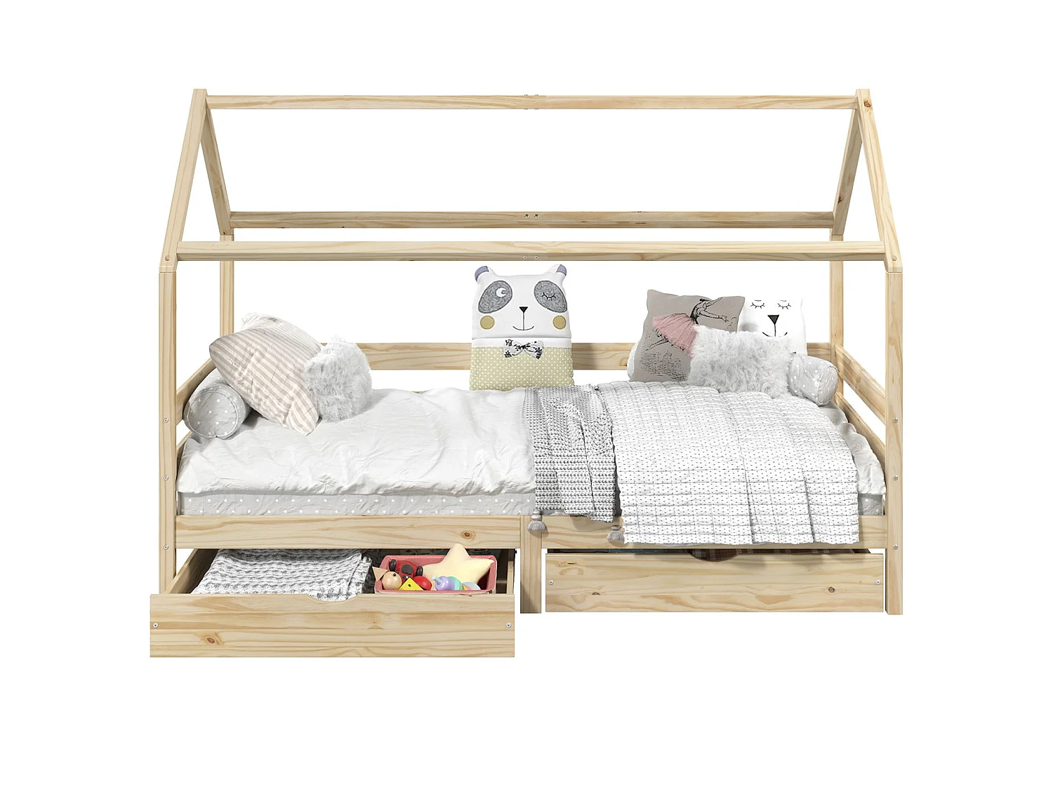 Lit cabane CLIA lit simple pour enfant montessori 90 x 200 cm rangement 2 tiroirs et barrières sur 3 côtés, pin naturel