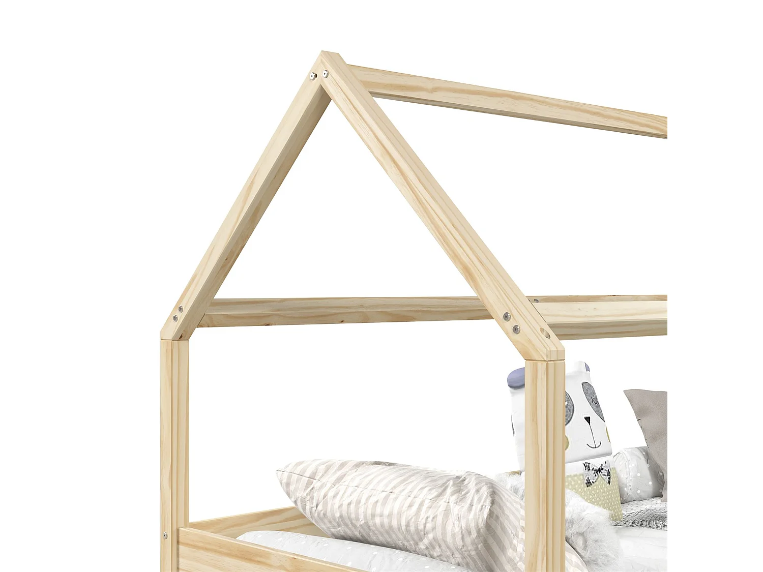 Lit cabane CLIA lit simple pour enfant montessori 90 x 200 cm rangement 2 tiroirs et barrières sur 3 côtés, pin naturel