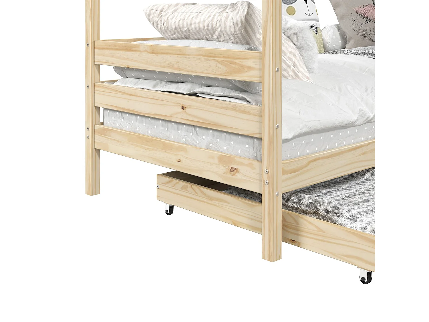 Lit cabane CLIA lit simple pour enfant montessori 90 x 200 cm rangement 2 tiroirs et barrières sur 3 côtés, pin naturel