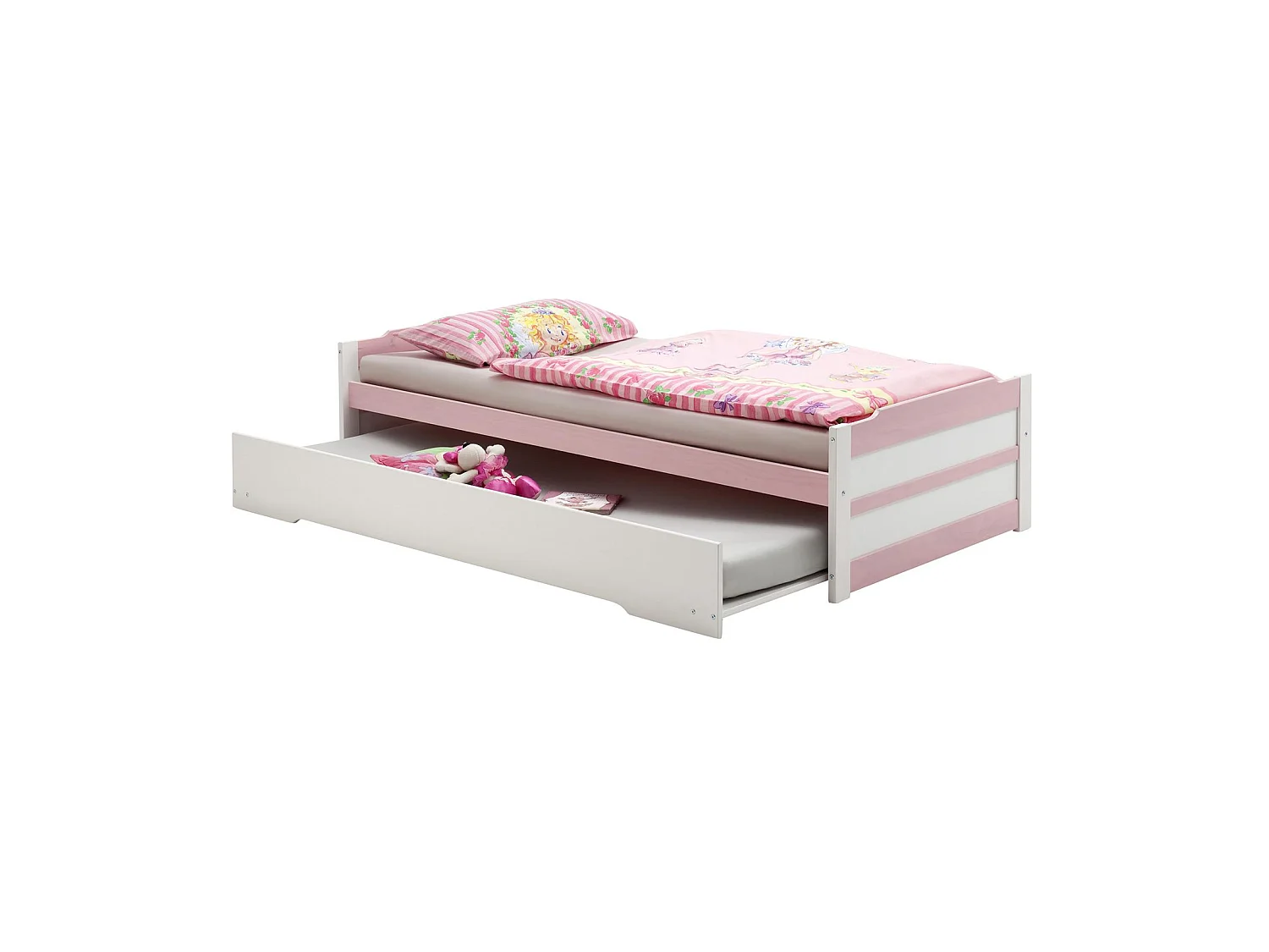 Lit gigogne LORENA enfant 1 place tiroir lit fonctionnel 90 x 200 cm pin massif lasuré blanc et rose