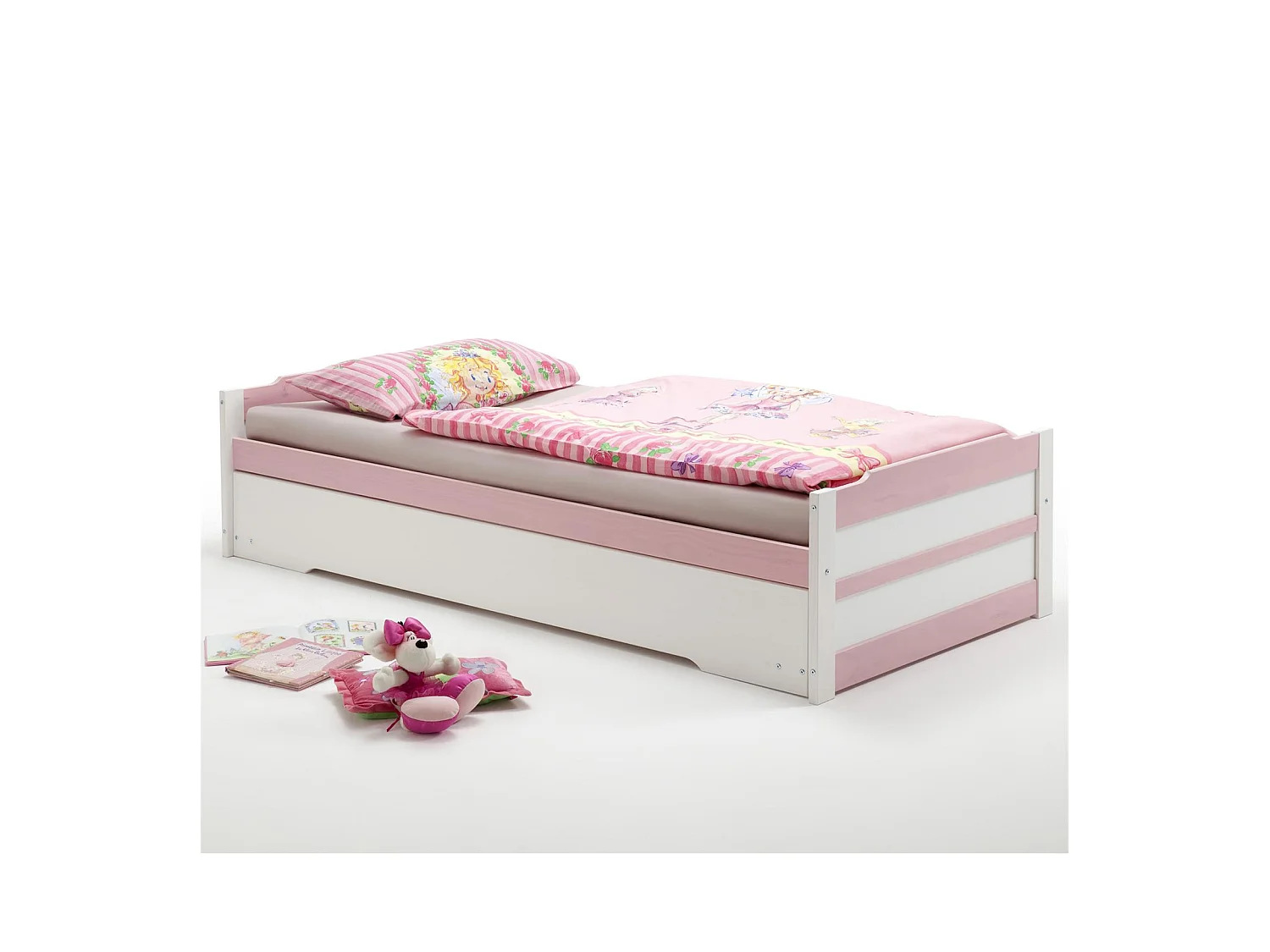 Lit gigogne LORENA enfant 1 place tiroir lit fonctionnel 90 x 200 cm pin massif lasuré blanc et rose