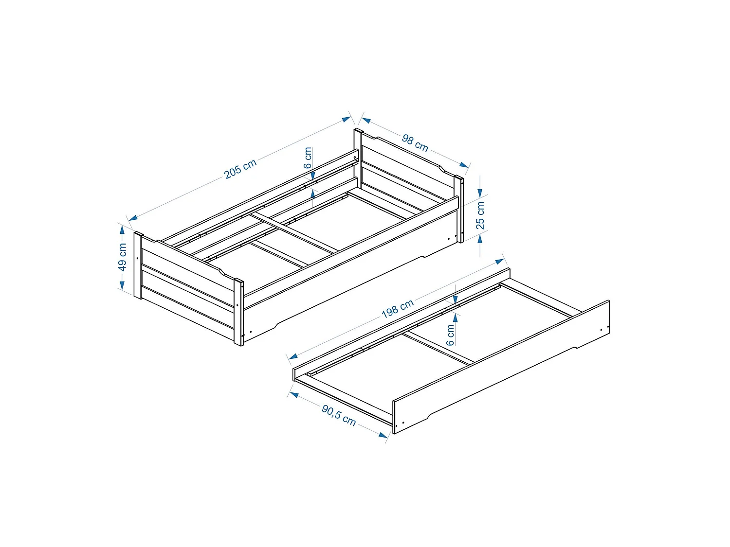 Lit gigogne LORENA enfant 1 place tiroir lit fonctionnel 90 x 200 cm pin massif lasuré blanc et rose