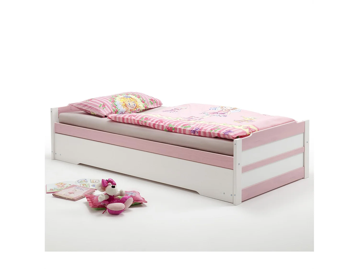 Lit gigogne LORENA enfant 1 place tiroir lit fonctionnel 90 x 200 cm pin massif lasuré blanc et rose