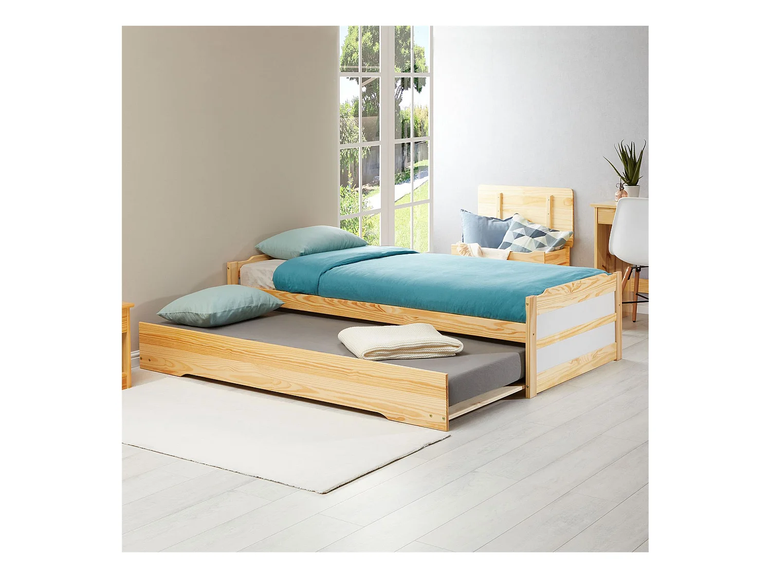 Lit gigogne LORENA 1 personne tiroir lit fonctionnel 90 x 190 cm pin massif recouvert d'un vernis naturel et blanc