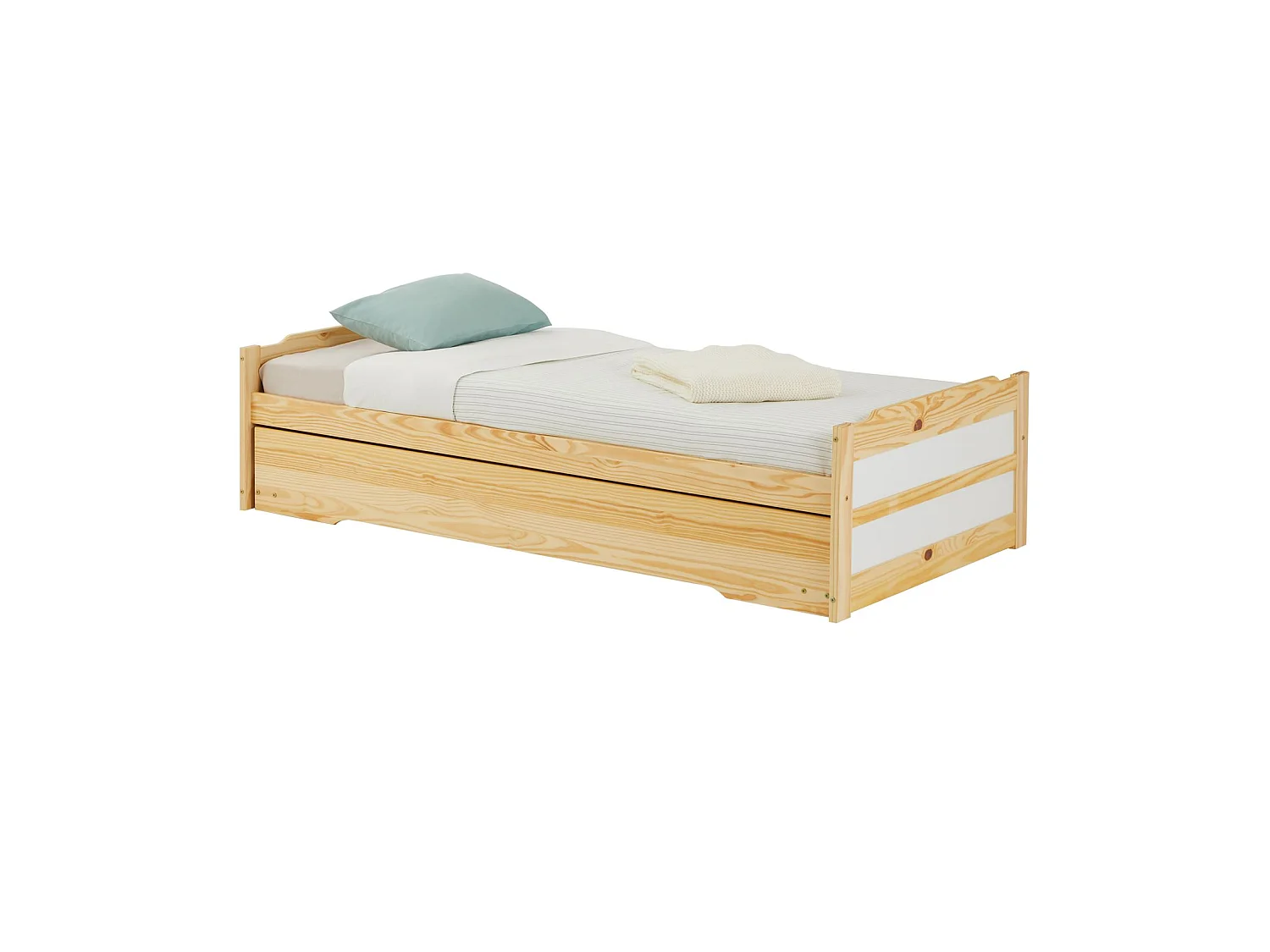 Lit gigogne LORENA 1 personne tiroir lit fonctionnel 90 x 190 cm pin massif recouvert d'un vernis naturel et blanc