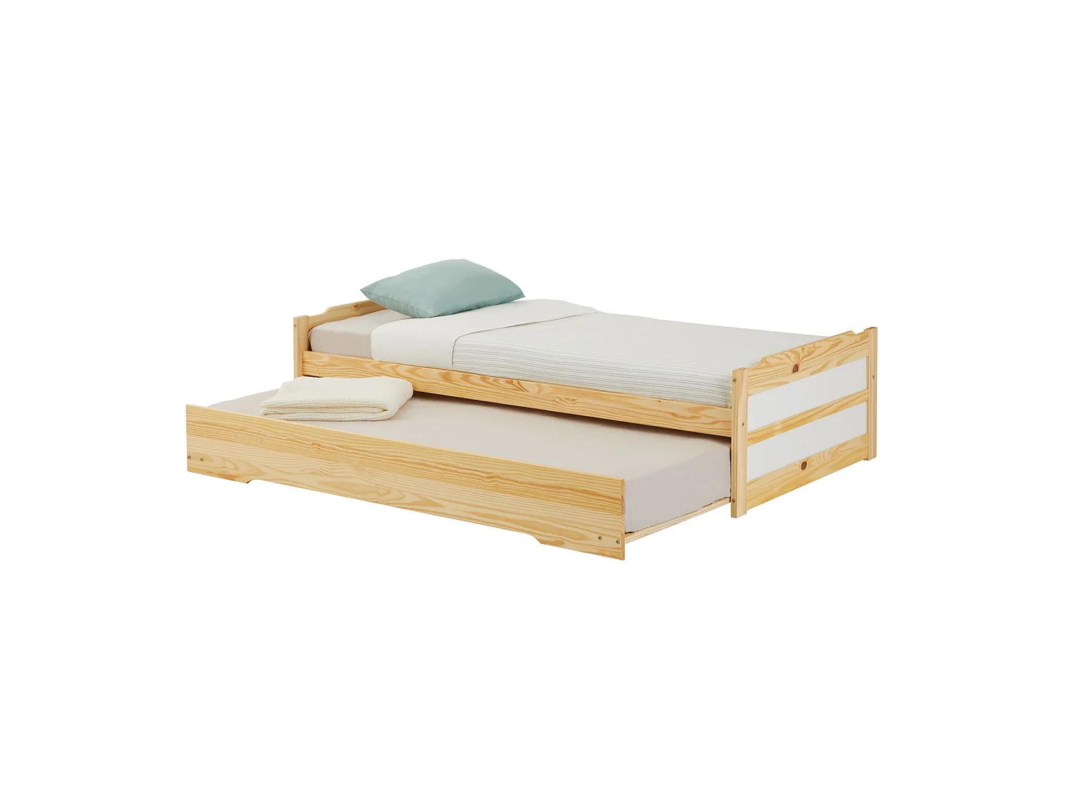 Lit gigogne LORENA 1 personne tiroir lit fonctionnel 90 x 190 cm pin massif recouvert d'un vernis naturel et blanc